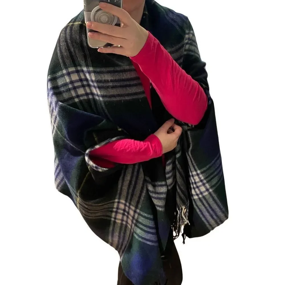 J. Crew Navy Forest Green Tartan Plaid Cape Scarf Retired Print Gift Holiday Chr - Picture 2 of 8